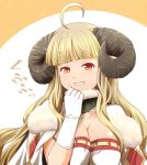  1girl ahoge anila_(granblue_fantasy) bangs blonde_hair blunt_bangs breasts cleavage cloak commentary_request eyebrows_visible_through_hair gloves granblue_fantasy grin hand_on_own_chin haniwa_(leaf_garden) horns large_breasts long_hair orange_eyes sheep_horns simple_background smile solo translated upper_body white_gloves wool 