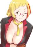  1girl black_jacket blonde_hair breasts brown_gloves cleavage elvira_friedman glasses gloves jacket large_breasts lipstick makeup multicolored_hair one_eye_closed red-framed_eyewear scarf shuumatsu_no_izetta smile solo streaked_hair ueyama_michirou white_background yellow_eyes 