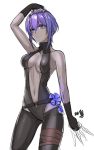  1girl arm_above_head assassin_(fate/prototype_fragments) bare_shoulders breasts cleavage dark_skin fate/grand_order fate/prototype fate/prototype:_fragments_of_blue_and_silver fate_(series) gloves medium_breasts mhg_(hellma) navel purple_hair short_hair solo weapon white_background 