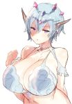  1girl :o arm_behind_back bangs bare_shoulders blue_bikini_top blue_hair blush breasts cleavage collarbone commentary_request eno_yukimi eyebrows_visible_through_hair gem granblue_fantasy hair_between_eyes hand_up horns huge_breasts looking_at_viewer macula_marius navel shiny shiny_hair shiny_skin short_hair simple_background sketch solo sweatdrop tiara upper_body very_short_hair violet_eyes white_background 