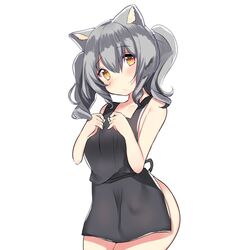  1girl :/ animal_ears apron blush cat_ears hands_on_own_chest kantai_collection kashima_(kantai_collection) kemonomimi_mode naked_apron silver_hair solo touko_(toukoneko) twintails upper_body white_background yellow_eyes 