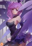  1girl 2016 armpits bangs bare_shoulders black_legwear breasts choker cleavage cowboy_shot crown dress elbow_gloves elementalist_lux from_side gloves league_of_legends light_smile long_hair looking_at_viewer looking_to_the_side luxanna_crownguard medium_breasts miniskirt parted_lips patreon pink_eyes purple_dress purple_gloves purple_hair shiny shiny_hair side_ponytail skirt sleeveless sleeveless_dress solo songjikyo sparkle wings 