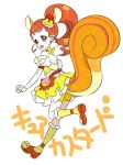  1girl animal_ears arisugawa_himari bike_shorts bow bridal_gauntlets brown_eyes brown_hair character_name choker cnove cure_custard dress female food food_themed_hair_ornament full_body hair_ornament kirakira_precure_a_la_mode kneehighs layered_dress long_hair looking_at_viewer looking_back magical_girl orange_shoes ponytail precure pudding puffy_sleeves shoes shorts_under_skirt smile solo squirrel_ears squirrel_tail tail walking white_background yellow_bow yellow_dress yellow_legwear 