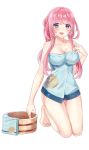  1girl barefoot blue_eyes breasts bucket character_request cleavage full_body highres kneeling large_breasts long_hair looking_at_viewer nakatsu_castle naked_towel official_art open_mouth pink_hair shirohime_quest sidelocks solo towel 