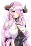  1girl bare_arms bare_shoulders between_breasts breast_squeeze breasts butterfly doraf eyelashes granblue_fantasy hair_ornament hair_over_one_eye highres horns large_breasts lavender_hair long_hair looking_at_viewer minamon_(vittel221) narumeia_(granblue_fantasy) parted_lips pink_lips pointy_ears purple_hair shiny shiny_hair sleeveless smile solo upper_body violet_eyes white_background 