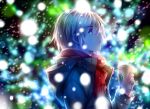  1boy blurry brown_hair depth_of_field holding niya original red_scarf scarf short_hair snow solo tidsean upper_body violet_eyes 