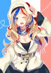  1girl bangs belt beret blonde_hair blue_eyes blue_hair commandant_teste_(kantai_collection) double-breasted hair_ornament hat highres horonosuke kantai_collection long_hair looking_at_viewer multicolored_hair one_eye_closed open_mouth pom_pom_(clothes) redhead scarf streaked_hair swept_bangs wavy_hair white_hair 