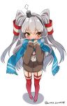  1girl amatsukaze_(kantai_collection) bangs blush brown_dress covered_mouth dress eyebrows_visible_through_hair from_above full_body fume garter_straps hair_tubes hairband hand_to_own_mouth kantai_collection kuritomo legs_apart lifebuoy long_hair long_sleeves looking_away looking_to_the_side red_legwear scarf scarf_over_mouth shadow short_dress silver_hair simple_background sleeves_past_wrists solo standing thigh-highs twitter_username two_side_up very_long_hair white_background windsock yellow_eyes 