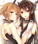  2girls artist_name back black_gloves brown_hair elbow_gloves fingerless_gloves from_side gloves green_eyes hand_on_another&#039;s_back hands_on_another&#039;s_shoulders headgear jpeg_artifacts kantai_collection long_hair looking_at_viewer multiple_girls mutsu_(kantai_collection) nagato_(kantai_collection) red_eyes short_hair signature smile toosaka_asagi white_gloves 