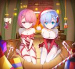  2girls antlers asa_ni_haru bdsm beatrice_(re:zero) blue_eyes blue_hair bondage bound breasts candy candy_cane chibi christmas christmas_dress christmas_ornaments cleavage collarbone dress emilia_(re:zero) fireplace food frown gift hair_ornament hairclip happy hat highres indoors medium_breasts multiple_girls naked_ribbon navel panties pink_eyes pink_hair pout ram_(re:zero) re:zero_kara_hajimeru_isekai_seikatsu reflection rem_(re:zero) ribbon ribbon_bondage siblings sisters smile snow socks strapless strapless_dress thigh-highs thighs twins underwear white_legwear white_panties wooden_floor 