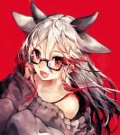  1girl :d animal_ears bare_shoulders blue-framed_eyewear blush collarbone colored_eyelashes fangs glasses hair_between_eyes highres horns long_hair looking_at_viewer maido_mido multicolored_hair off-shoulder_sweater open_mouth original red_background red_eyes redhead semi-rimless_glasses simple_background sleeves_past_wrists smile solo streaked_hair sweater two-tone_hair under-rim_glasses white_hair 
