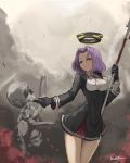  1girl bangs black_dress black_gloves bone bow bowl_cut breasts clouds cloudy_sky dress glaive gloves hair_intakes holding holding_weapon kantai_collection lansane long_sleeves mechanical_halo medium_breasts outdoors outstretched_hand parted_bangs purple_hair ribs short_dress short_hair signature skeleton skull sky smile solo tatsuta_(kantai_collection) teeth underbust violet_eyes weapon 