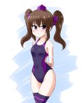  1girl black_legwear black_swimsuit brown_hair competition_swimsuit embarrassed hat himekaidou_hatate kousei_(public_planet) long_hair one-piece_swimsuit swimsuit thigh-highs tokin_hat touhou twintails violet_eyes 