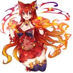  1girl :d anthuria bangs bare_shoulders blush bow breasts cleavage covered_navel detached_sleeves dress erun_(granblue_fantasy) eyebrows_visible_through_hair fire frilled_dress frills granblue_fantasy hair_between_eyes hands_up knees_up large_breasts long_hair open_mouth orange_hair osiimi_(artist) red_bow red_dress red_eyes red_skirt redhead simple_background skirt smile solo teeth thighs very_long_hair wavy_hair white_background 
