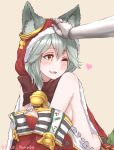  1girl animal_ears blush breasts collar disco_brando fangs granblue_fantasy hair_between_eyes heart open_mouth red_eyes sen_(granblue_fantasy) sideboob silver_hair smile solo 