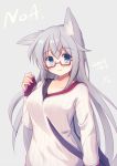  1girl animal_ears artist_name bag bangs blue_eyes blush breasts character_name collarbone dated eyebrows_visible_through_hair fox_ears fox_girl grey_background grey_hair hair_between_eyes hair_flaps large_breasts looking_at_viewer misaki_yuu_(dstyle) original ribbed_sweater satchel signature sleeves_past_wrists smile solo strap_cleavage sweater upper_body 