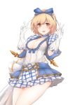  1girl blonde_hair blue_ribbon blush breasts brown_eyes checkered checkered_skirt cleavage collar djeeta_(granblue_fantasy) double_v frilled_collar frills gloves granblue_fantasy hair_ribbon hands_up highres kimi_to_boku_no_mirai linez looking_at_viewer open_mouth pleated_skirt puffy_short_sleeves puffy_sleeves ribbon short_sleeves showgirl_skirt simple_background skirt v white_background white_gloves white_skirt 