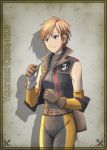  1girl annika_alcott belt blue_eyes brown_gloves copyright_name covered_navel detached_sleeves gloves hair_ornament lowres military military_uniform orange_hair senjou_no_valkyria senjou_no_valkyria_3 short_hair solo uniform 