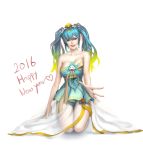  1girl 2016 absurdres bare_shoulders blonde_hair blue_eyes blue_hair breasts cleavage dress gradient_hair hair_ornament hanbok happy_new_year heart highres karukaru86 kneeling korean_clothes large_breasts league_of_legends long_hair looking_at_viewer matching_hair/eyes multicolored_hair new_year short_dress solo sona_buvelle strapless strapless_dress 
