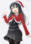  &gt;:d 1girl :d adapted_costume asashio_(kantai_collection) belt black_hair black_legwear blue_eyes breasts clenched_hand dress grey_background hat jacket kankitsunabe_(citrus) kantai_collection long_hair long_sleeves neck_ribbon open_mouth pantyhose pinafore_dress red_ribbon remodel_(kantai_collection) ribbon santa_costume santa_hat short_sleeves simple_background small_breasts smile solo twitter_username 