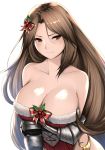  1girl arm_behind_back bare_shoulders breasts brown_hair catalina_(granblue_fantasy) christmas cleavage collarbone granblue_fantasy hair_ribbon highres large_breasts long_hair red_eyes ribbon santa_costume serious simple_background solo tony_guisado white_background 