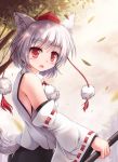 1girl animal_ears bare_shoulders blush detached_sleeves hat inubashiri_momiji leaf looking_at_viewer lzh open_mouth pom_pom_(clothes) red_eyes ribbon-trimmed_sleeves ribbon_trim short_hair silver_hair solo tail tokin_hat touhou wide_sleeves wolf_ears wolf_tail 
