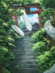 absurdres albino animal blue_sky building clouds cloudy_sky commentary day grass hakuja_shrine highres nature no_humans original outdoors oversized_animal red_eyes scenery shrine sky snake stairs tayuta. tongue tongue_out torii tree 