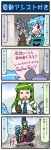  4girls 4koma animal_ears artist_self-insert bicycle blonde_hair blue_eyes blue_hair closed_eyes comic commentary detached_sleeves dress frog_hair_ornament geta green_hair grey_hair ground_vehicle hair_ornament hair_tubes hand_up heterochromia highres holding holding_umbrella japanese_clothes juliet_sleeves karakasa_obake kochiya_sanae long_hair long_sleeves mizuki_hitoshi mouse_ears multiple_girls nazrin nontraditional_miko open_mouth outstretched_arm outstretched_hand puffy_sleeves purple_hair red_eyes rickshaw shawl short_hair skirt smile snake_hair_ornament sweat sweatdrop tatara_kogasa toramaru_shou touhou translated umbrella vest wheelchair wide_sleeves 