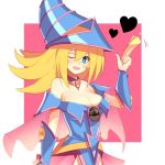  1girl bare_shoulders blonde_hair blush blush_stickers breasts card choker cleavage dark_magician_girl duel_monster green_eyes hat heart imu_(gomatotoimu) large_breasts long_hair open_mouth pentacle smile solo wizard_hat yu-gi-oh! yuu-gi-ou_duel_monsters 