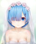  1girl aki99 bare_shoulders blue_eyes blue_hair breasts bridal_veil bride cleavage dress eyes_visible_through_hair hair_ornament hair_over_one_eye highres matching_hair/eyes pink_ribbon purple_ribbon re:zero_kara_hajimeru_isekai_seikatsu rem_(re:zero) ribbon short_hair smile solo strapless strapless_dress veil wedding_dress white_dress x_hair_ornament 