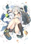  1girl :o air_bubble armpits backpack bag black_legwear blue_eyes blush breasts collarbone flat_cap handheld_game_console hat hibiki_(kantai_collection) kantai_collection looking_at_viewer navel nintendo_3ds remodel_(kantai_collection) scissors shoes silver_hair simple_background small_breasts sneakers solo star suneo thigh-highs verniy_(kantai_collection) 