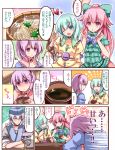  ? choker comic eyeball green_hair hata_no_kokoro heart komeiji_koishi komeiji_satori morichika_rinnosuke pink_eyes pink_hair plaid plaid_shirt shirt sweatdrop third_eye touhou translation_request yuzuyunagi 