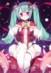  1girl blush bow bowtie gloves green_hair hatsune_miku long_hair looking_at_viewer pink_eyes sela sitting solo teeth thigh-highs twintails very_long_hair vocaloid white_gloves 