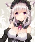  1girl animal_ears bangs bare_shoulders blush breasts cat_ears chestnut_mouth cleavage close-up detached_collar detached_sleeves eyebrows_visible_through_hair hair_between_eyes highres large_breasts looking_at_viewer maid maid_headdress note_(aoiro_clip) open_mouth original puffy_sleeves purple_ribbon ribbon silver_hair solo upper_body 