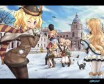  ! 6+girls aircraft airplane alternate_costume amethyst_(zhan_jian_shao_nyu) ardent_(zhan_jian_shao_nyu) barfleur_(zhan_jian_shao_nyu) bearskin_cap belt bench bird black_boots black_hat black_shirt blonde_hair blue_hair blue_legwear blue_sky blush boots braid brown_boots brown_coat building buttons camera capelet cat closed_mouth coat copyright_name day double_bun dress earmuffs eskimo_(zhan_jian_shao_nyu) fang fur_trim gloves glowworm_(zhan_jian_shao_nyu) green_dress green_eyes grey_gloves hat headphones heterochromia highres hood kneeling letterboxed lipstick long_hair long_sleeves looking_at_viewer looking_back makeup mittens multiple_girls nurse_cap official_art one_eye_closed open_mouth outdoors pantyhose penguin red_coat saumarez_(zhan_jian_shao_nyu) scarf shirt shoes short_hair side_braid side_ponytail sirills sitting sky smile snow snow_bunny snowball standing statue striped striped_legwear striped_scarf thigh-highs tree twintails vampire_(zhan_jian_shao_nyu) venus_(zhan_jian_shao_nyu) white_boots white_coat yellow_legwear yellow_scarf zhan_jian_shao_nyu 