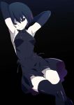  1girl armpits arms_behind_head black_dress black_eyes black_gloves black_hair black_legwear breasts dress elbow_gloves female gloves gluteal_fold highres monogatari_(series) oshino_ougi owarimonogatari pale_skin short_hair sideboob simple_background sleeveless sleeveless_dress smile solo tanabe_kyou thigh-highs 