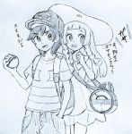  1boy 1girl backpack bag bangs baseball_cap blunt_bangs braid cowboy_shot denpa_(de_n_p) dress duffel_bag gradient gradient_background graphite_(medium) hand_in_pocket hat holding holding_poke_ball lillie_(pokemon) long_hair male_protagonist_(pokemon_sm) monochrome npc player_character poke_ball pokemon pokemon_(game) pokemon_sm shirt short_hair striped striped_shirt sun_hat swept_bangs t-shirt traditional_media translation_request twin_braids 