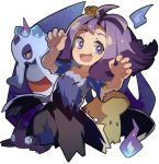  1girl :3 :d acerola_(pokemon) amakoke armlet bangs bare_arms collarbone costume dress elite_four fire flat_chest flipped_hair froslass gem hair_ornament half_updo hitodama mimikyu_(pokemon) npc npc_trainer open_mouth pikachu_costume pokemon pokemon_(creature) pokemon_(game) pokemon_sm purple_dress purple_hair sableye short_hair simple_background smile solo stitches torn_clothes torn_dress torn_sleeves trial_captain white_background 