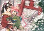  2girls animal_ears architecture bandaid black_hair blue_eyes cat_ears cat_tail collarbone east_asian_architecture eyebrows_visible_through_hair fang floral_print flower hair_flower hair_ornament hand_holding heterochromia ichijou_kokona japanese_clothes kimono long_hair looking_at_viewer midorikawa_you multiple_girls obi off_shoulder open_mouth original pink_hair ponytail red_eyes sash smile snow snowing stairs tail torii violet_eyes wide_sleeves 