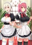  2girls :d alternate_costume apron arato_hisako backlighting black_legwear blonde_hair blurry bow bowtie breasts broom brown_eyes cleavage depth_of_field enmaided framed_breasts frilled_apron frilled_legwear frilled_sleeves frills garters hand_on_hip large_breasts long_hair looking_at_viewer maid maid_apron maid_headdress mop multiple_girls nakiri_alice open_mouth pink_hair plant potted_plant prime purple_hair red_bow red_eyes shokugeki_no_souma short_hair short_sleeves silver_hair skindentation smile standing thigh-highs underbust white_legwear window wrist_cuffs zettai_ryouiki 