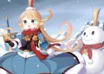  1girl armor black_eyes blonde_hair blue_dress blue_eyes breath charlotta_(granblue_fantasy) crown dress eyebrows_visible_through_hair gauntlets granblue_fantasy harbin hill long_hair muku_(muku-coffee) open_mouth outdoors pointy_ears puffy_short_sleeves puffy_sleeves red_scarf scarf shield short_sleeves smile snow snowing snowman standing star sword very_long_hair weapon 