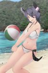  1girl alternate_costume ball beach beachball bikini breasts checkered checkered_necktie cleavage eyepatch headgear highres kantai_collection large_breasts midriff navel necktie ocean open_mouth purple_hair short_hair solo sweat swimsuit tenryuu_(kantai_collection) urigarasu yellow_eyes 