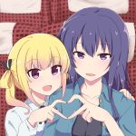  2girls :d absurdres bangs blonde_hair blue_eyes blush buttons collarbone eyebrows_visible_through_hair girlish_number ground_vehicle hair_ribbon hand_on_shoulder heart heart_hands heart_hands_duo highres kawazu_kento long_hair looking_at_viewer multiple_girls open_mouth ribbon seat shibasaki_kazuha sidelocks smile sonou_momoka train train_interior twintails upper_body violet_eyes 