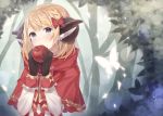  1girl animal_ears black_gloves blonde_hair blue_eyes blush bow butterfly capelet eyebrows_visible_through_hair food fruit gloves hair_bow highres holding holding_fruit hood hood_down horns little_red_riding_hood little_red_riding_hood_(grimm) long_sleeves looking_at_viewer nagitoki outdoors red_bow sleeve_cuffs solo tree upper_body 