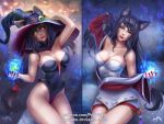  1girl ahri animal_ears black_hair breasts cleavage energy_ball eyeball facial_mark fangs fox_ears fox_tail glowing glowing_eyes hat league_of_legends lipstick long_hair low-tied_long_hair makeup multiple_tails multiple_views off_shoulder olga_narhova red_lipstick skirt skull tail whisker_markings witch_hat yellow_eyes 