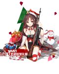  1girl bell bell_collar between_breasts black_hair bow bowtie breasts candy candy_cane cartridge cleavage collar food gift gingerbread_man girls_frontline gun hair_ornament highres jewelry long_hair m21 m21_(girls_frontline) necklace red_skirt rifle scope simple_background skirt smile snowman solo striped striped_legwear weapon white_background 