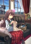  1girl absurdres basket black_legwear brown_eyes brown_hair chamu_(chammkue) christmas_tree cloth couch hair_ornament highres kantai_collection kisaragi_(kantai_collection) knitting knitting_needle long_hair needle plaid school_uniform serafuku sitting window yarn 