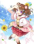  1girl :d animal_ears bear_ears blue_sky brown_hair character_request choker clouds cloudy_sky curly_hair flower hair_ornament hairband hairclip jpeg_artifacts light_rays looking_at_viewer official_art open_mouth pleated_skirt saikyou_no_shuzoku_ga_ningen_datta_ken skirt sky smile solo sunflower twintails violet_eyes wrist_cuffs yano_mitsuki 