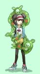  1girl black_eyes black_legwear brown_hair closed_eyes double_bun full_body green_background leg_hug legs long_hair long_sleeves mei_(pokemon) pantyhose pleo poke_ball_theme pokemon pokemon_(game) pokemon_bw2 raglan_sleeves reuniclus shadow shirt shoes shorts simple_background sneakers solo standing twintails visor_cap yellow_shorts 