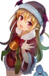  1girl :d absurdres bat_wings bell blonde_hair blush christmas commentary_request fang granblue_fantasy happy hat head_wings highres jingle_bell long_hair looking_at_viewer looking_up marisayaka open_mouth pointy_ears red_eyes sack santa_costume santa_hat shingeki_no_bahamut smile solo vampire vampy wings 